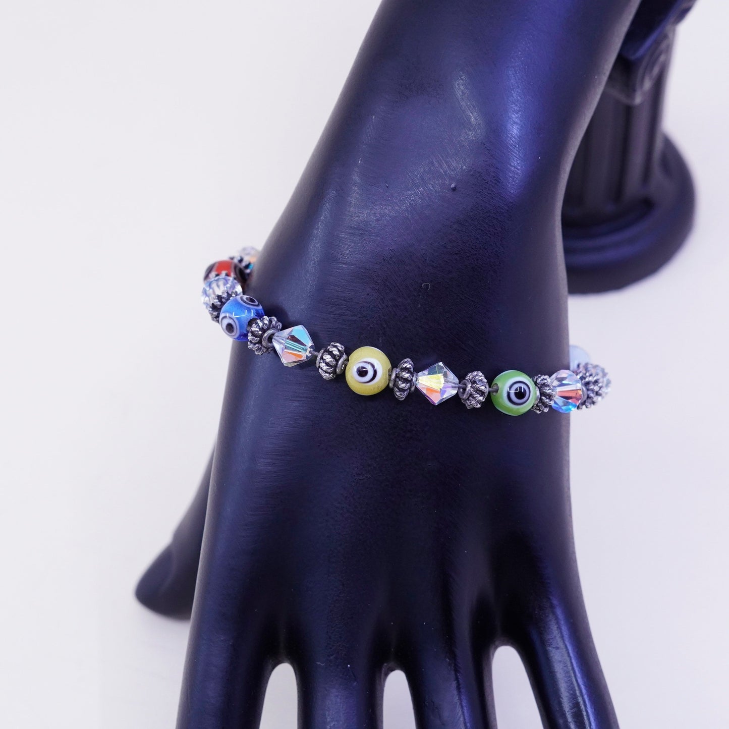 7”, handmade sterling silver bracelet, glass evil eye beads and heart closure