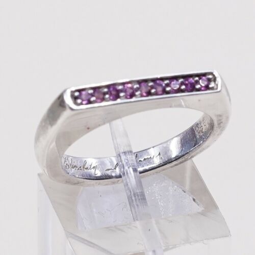 Sz 7.25, Designer Vtg Sterling Silver Ring, 925 Modern Stackable Ring W/ pink Cz