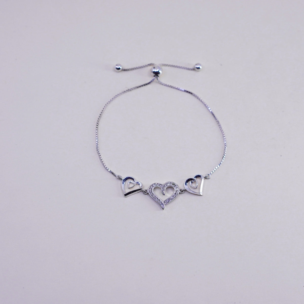Size adjustable, sterling silver bracelet, fine 925 box chain heart and cz