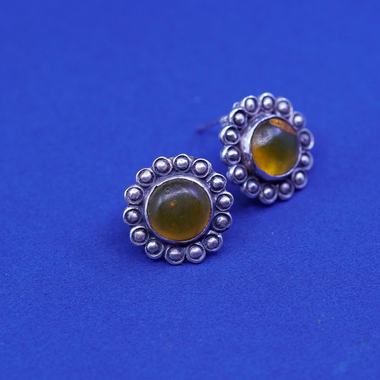 Vintage sterling silver handmade earrings, 925 flower studs with round amber