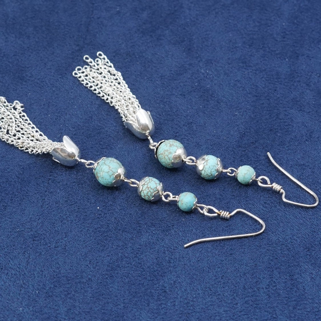 3” long, vtg sterling silver handmade earrings, 925 w/ turquoise beads N fringe