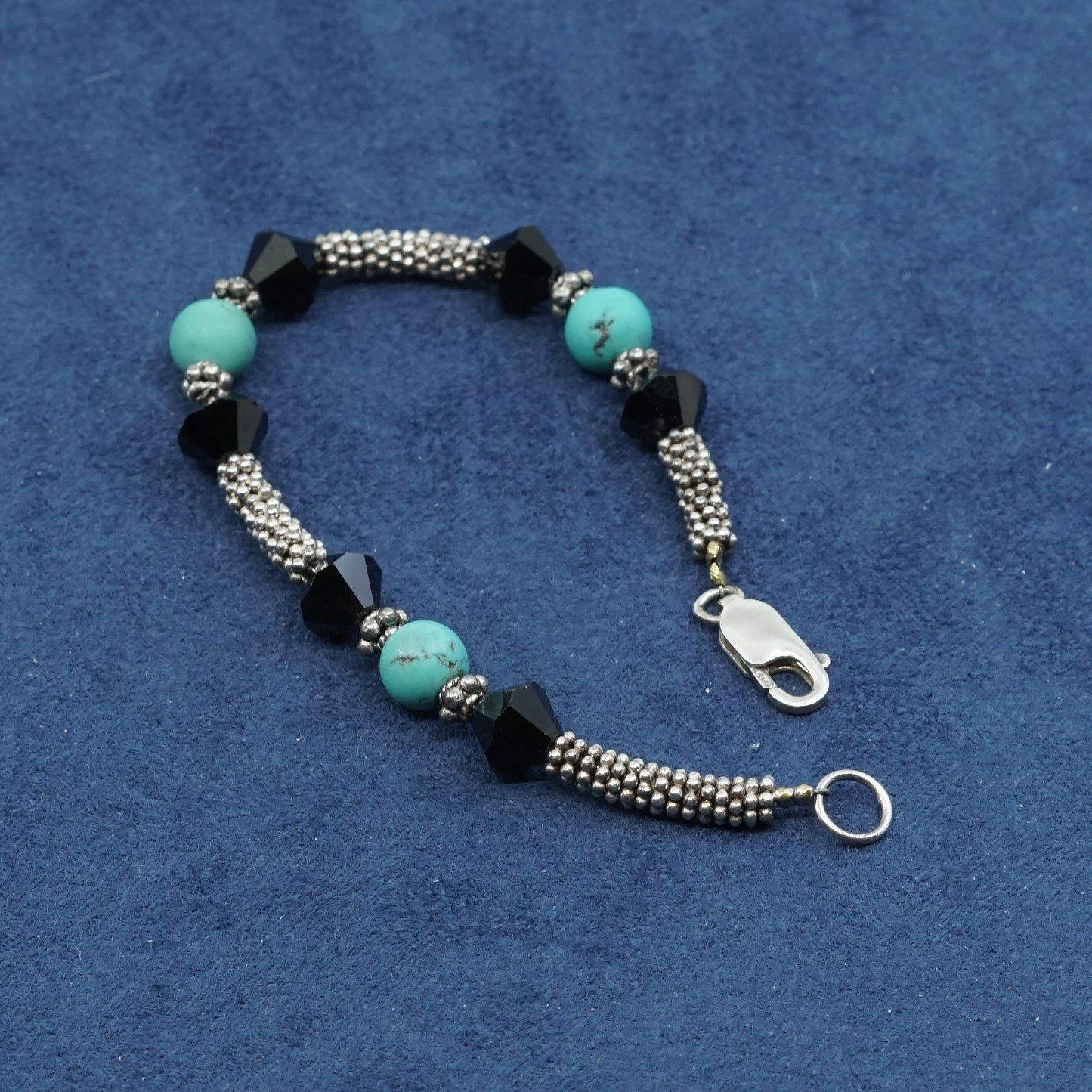 6.25”, vtg sterling 925 silver handmade bracelet w/ turquoise N obsidian