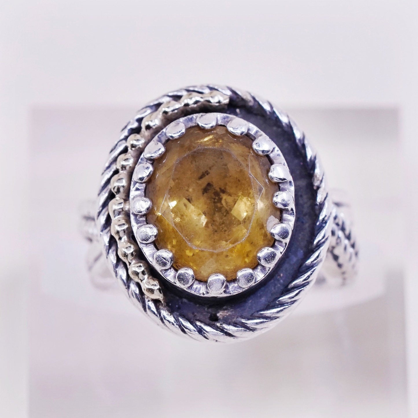 Size 6, vtg PRG two Tone 14K gold trim w/ sterling 925 silver ring with citrine