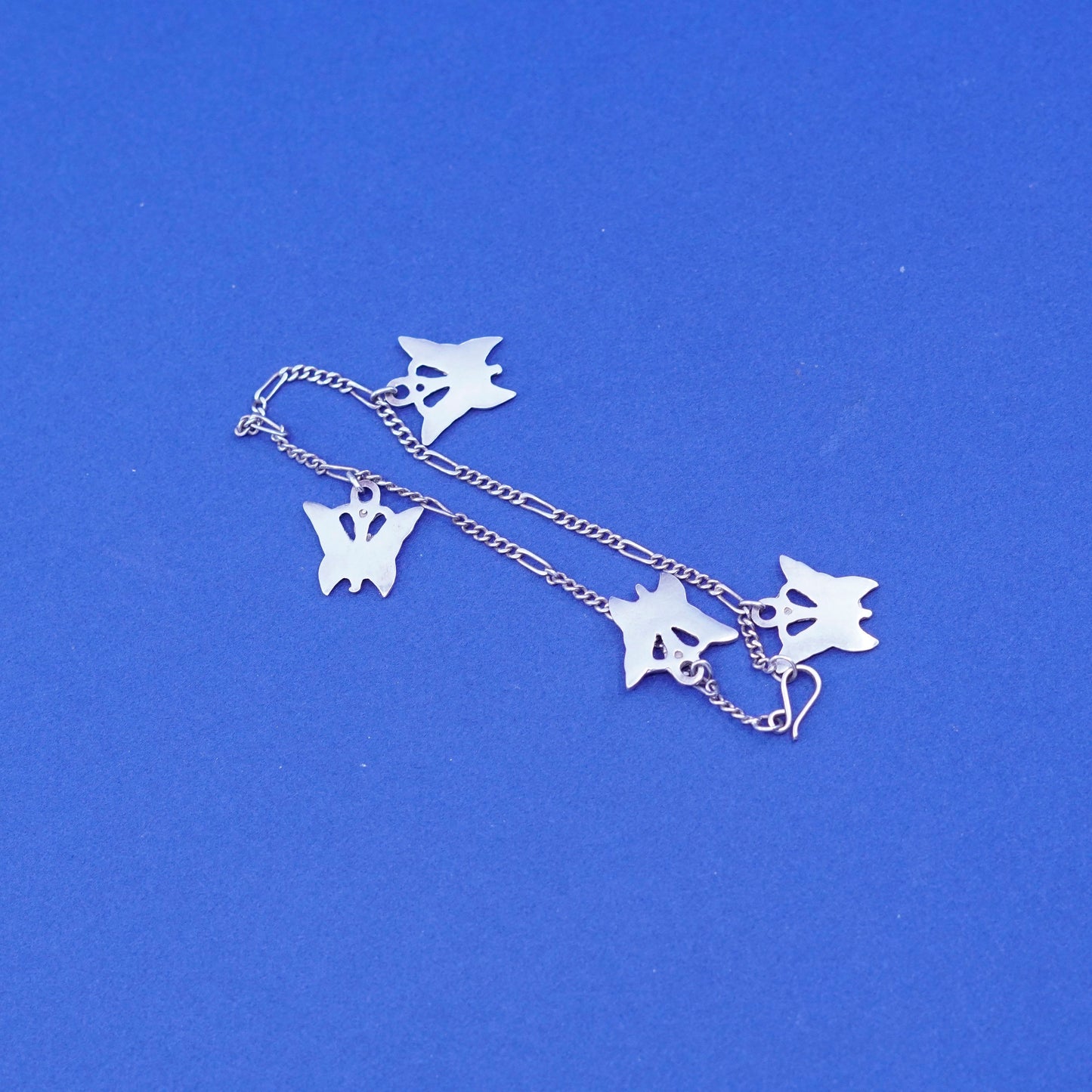 6.5”, vintage Sterling 925 silver figaro bracelet, chain with butterfly charms