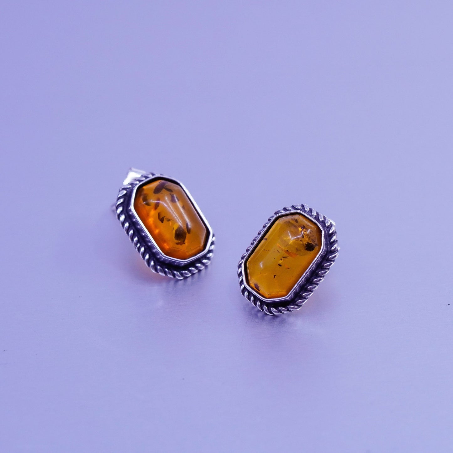 Vintage Sterling 925 silver earrings, studs with Amber and cable around