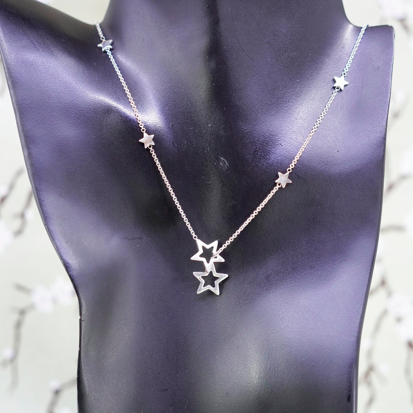 16”, vintage sterling silver 925 necklace, circle chain with star pendants