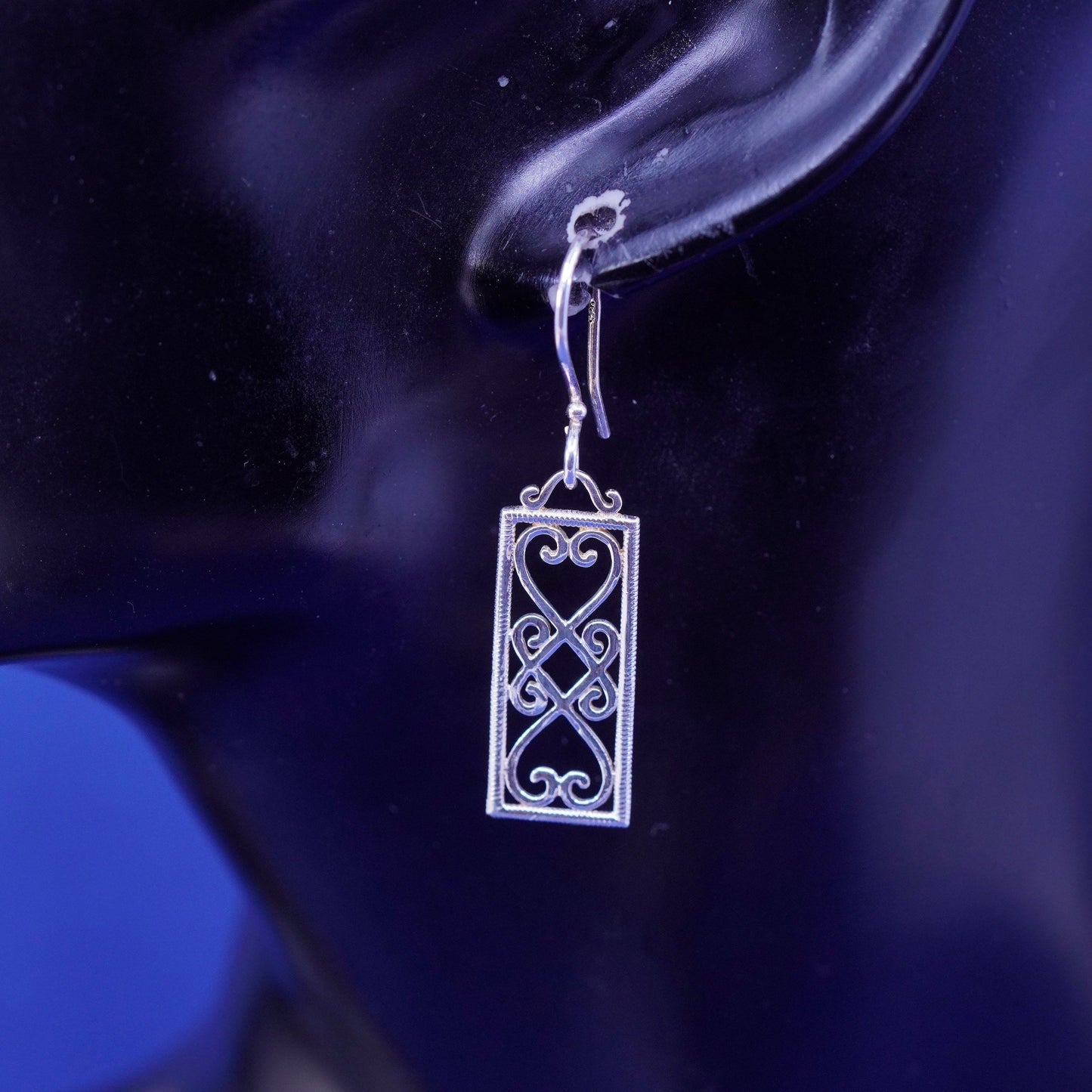 Vintage Sterling silver handmade earrings, 925 l filigree heart drops