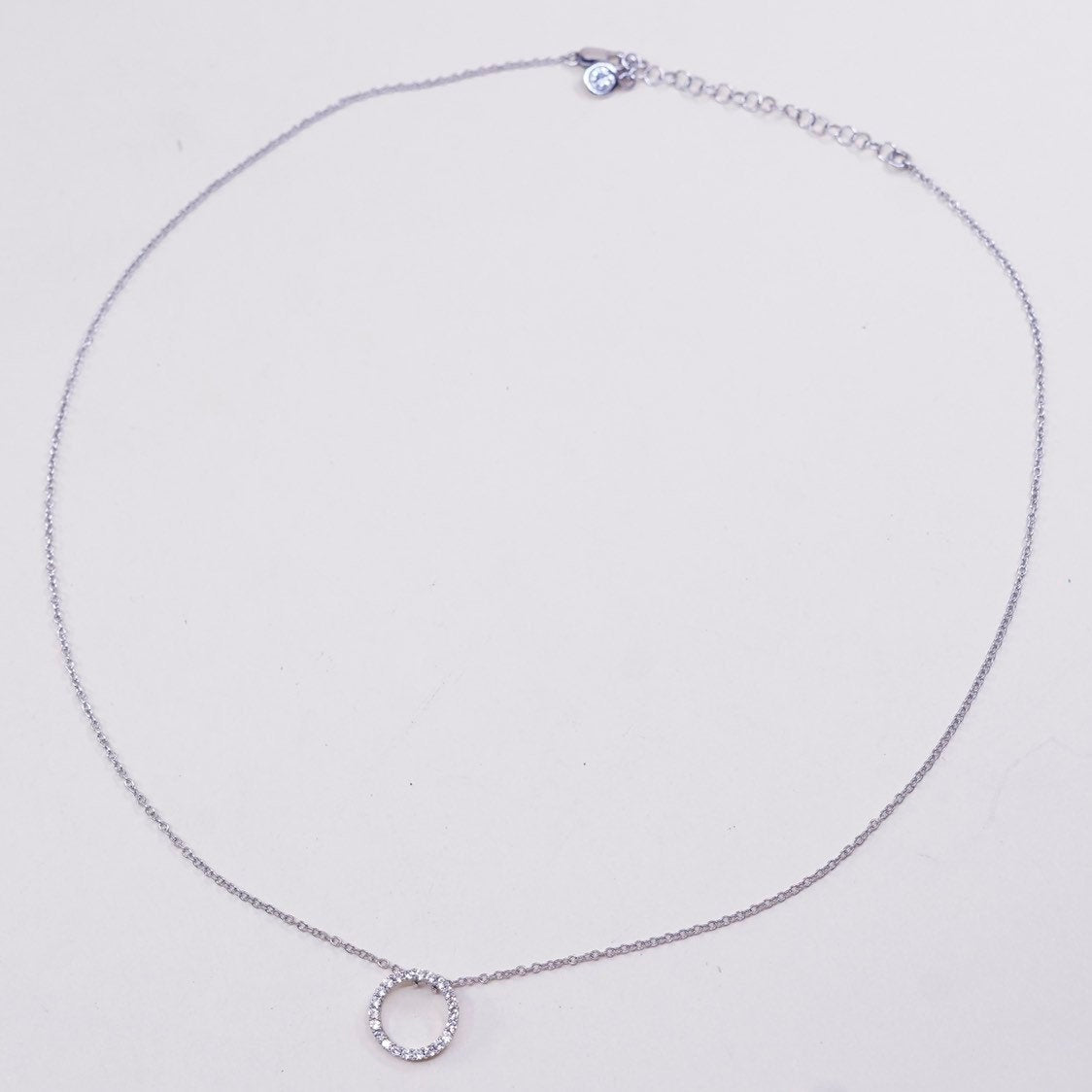 16"+2”, vtg Sterling silver necklace, 925 chain w/ circle pendant N Cz