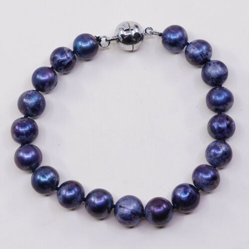 6.75”, Vtg Silver Tone Handmade bracelet W/ Black Pearl N Metallic Closure