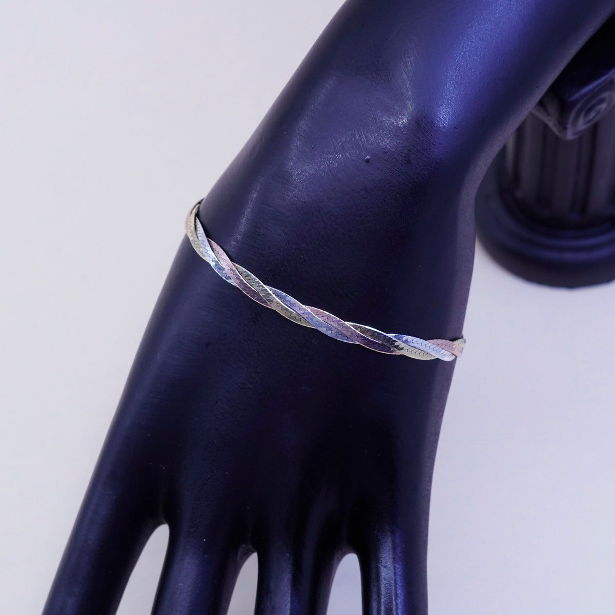 7”, vermeil gold sterling silver bracelet, triple tone 925 herringbone chain