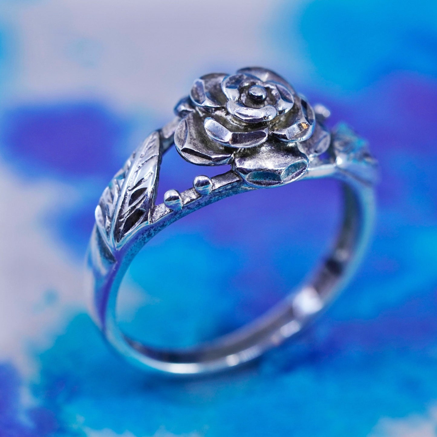 Size 7, vintage Sterling silver handmade ring, 925 rose flower leaves