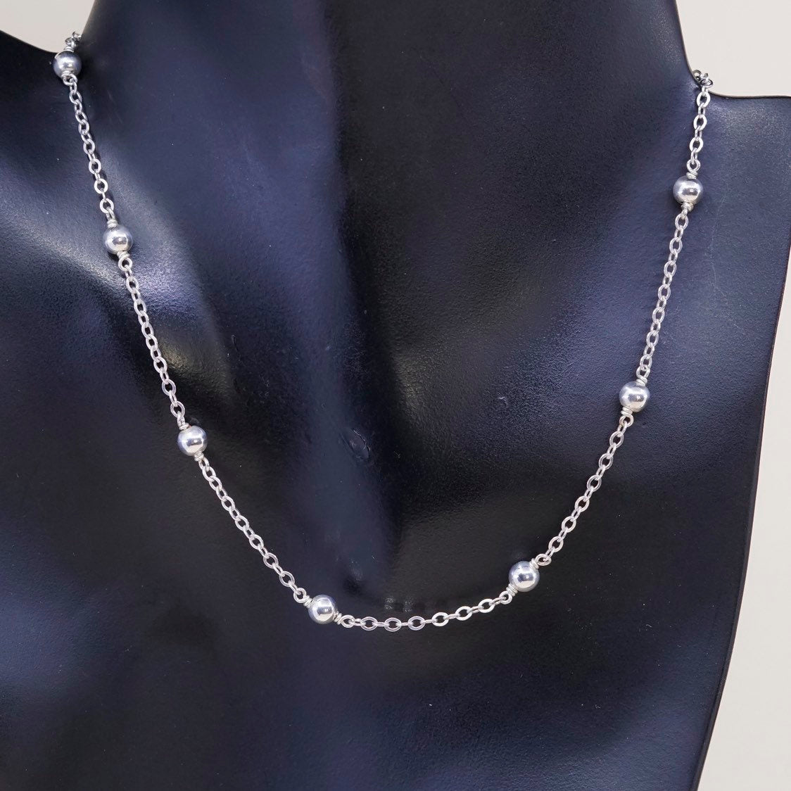 13", Sterling silver necklace, Italy 925 flatten circle chain w/ beads pendants