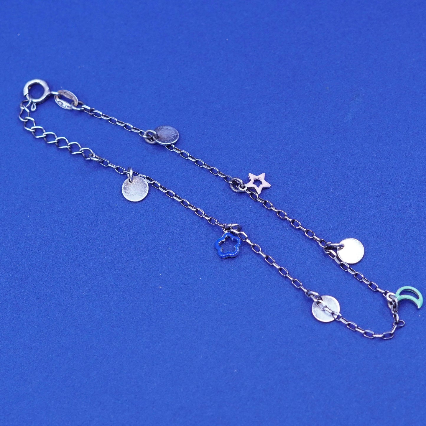 9+1”, Sterling silver bracelet, 925 elongated anklet w/ flower moon star charms