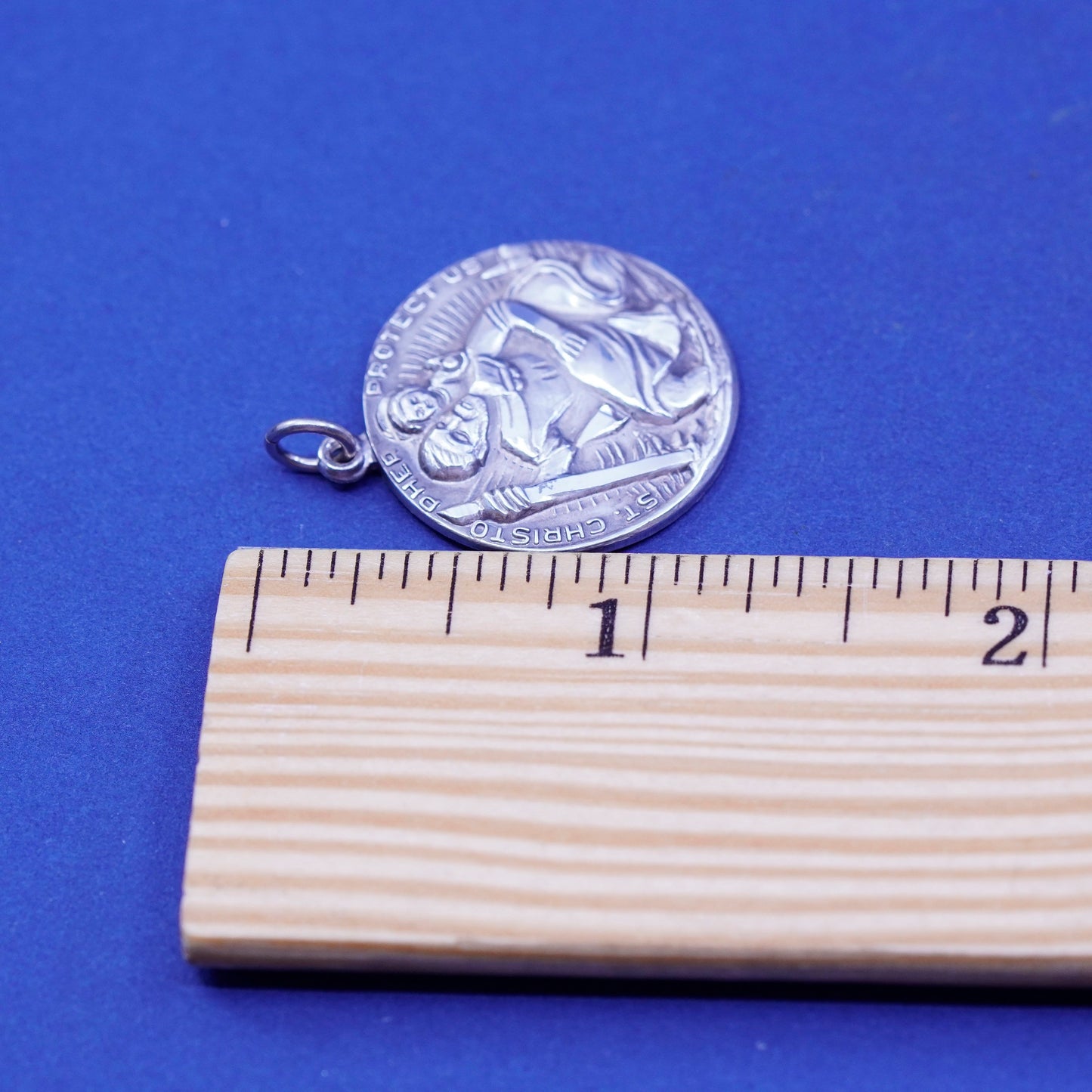 Vintage sterling 925 silver tag pendant, Saint Christopher protect us charm