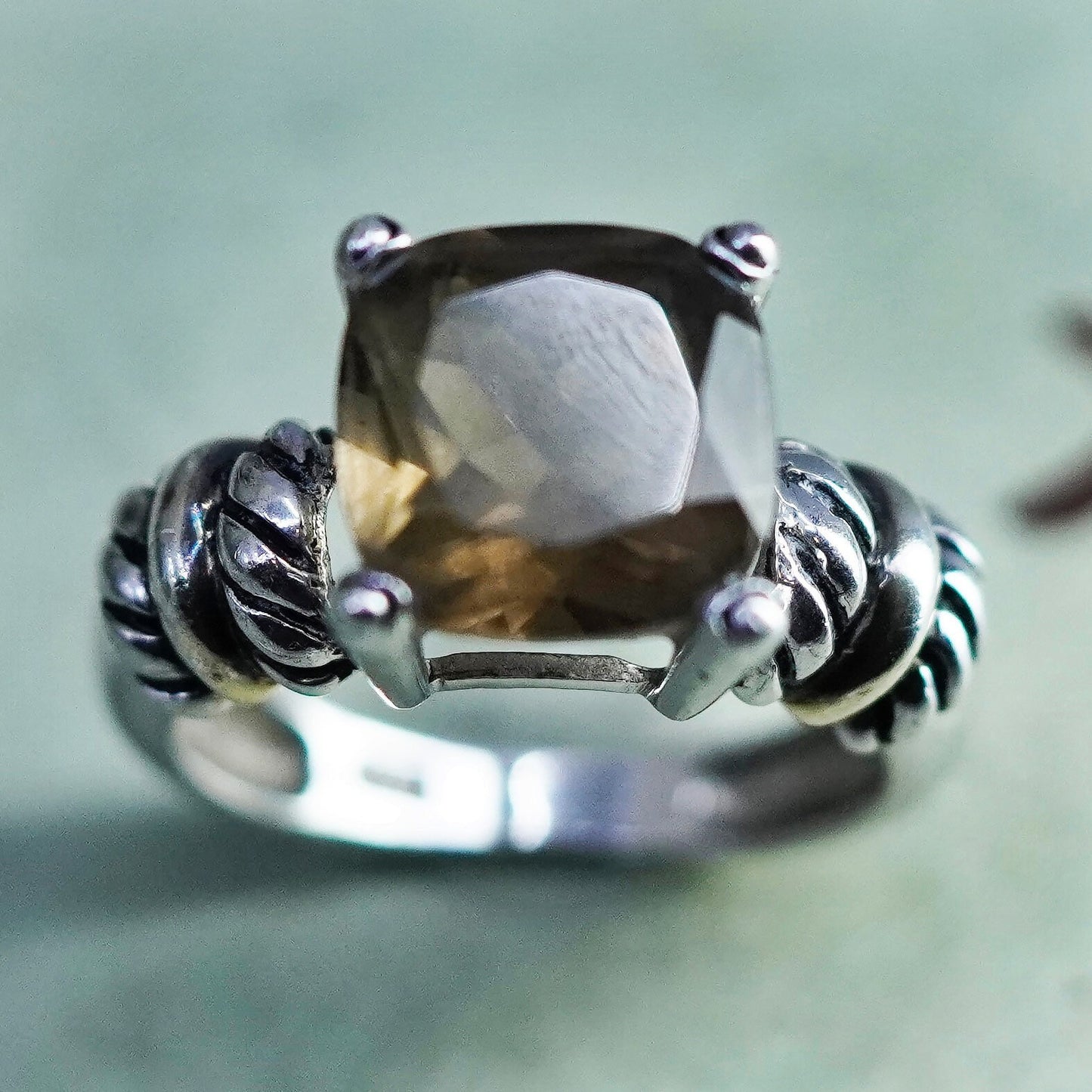 Size 6, Vintage sterling 925 silver handmade ring with square smoky topaz