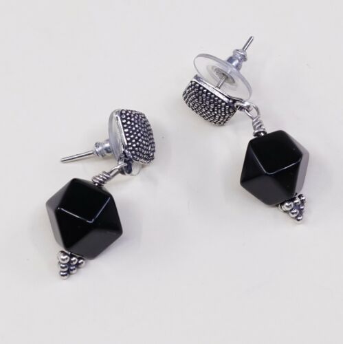 Vtg Modern Sterling Silver Handmade Earrings, 925 Silver W/ Obsidian Nugget