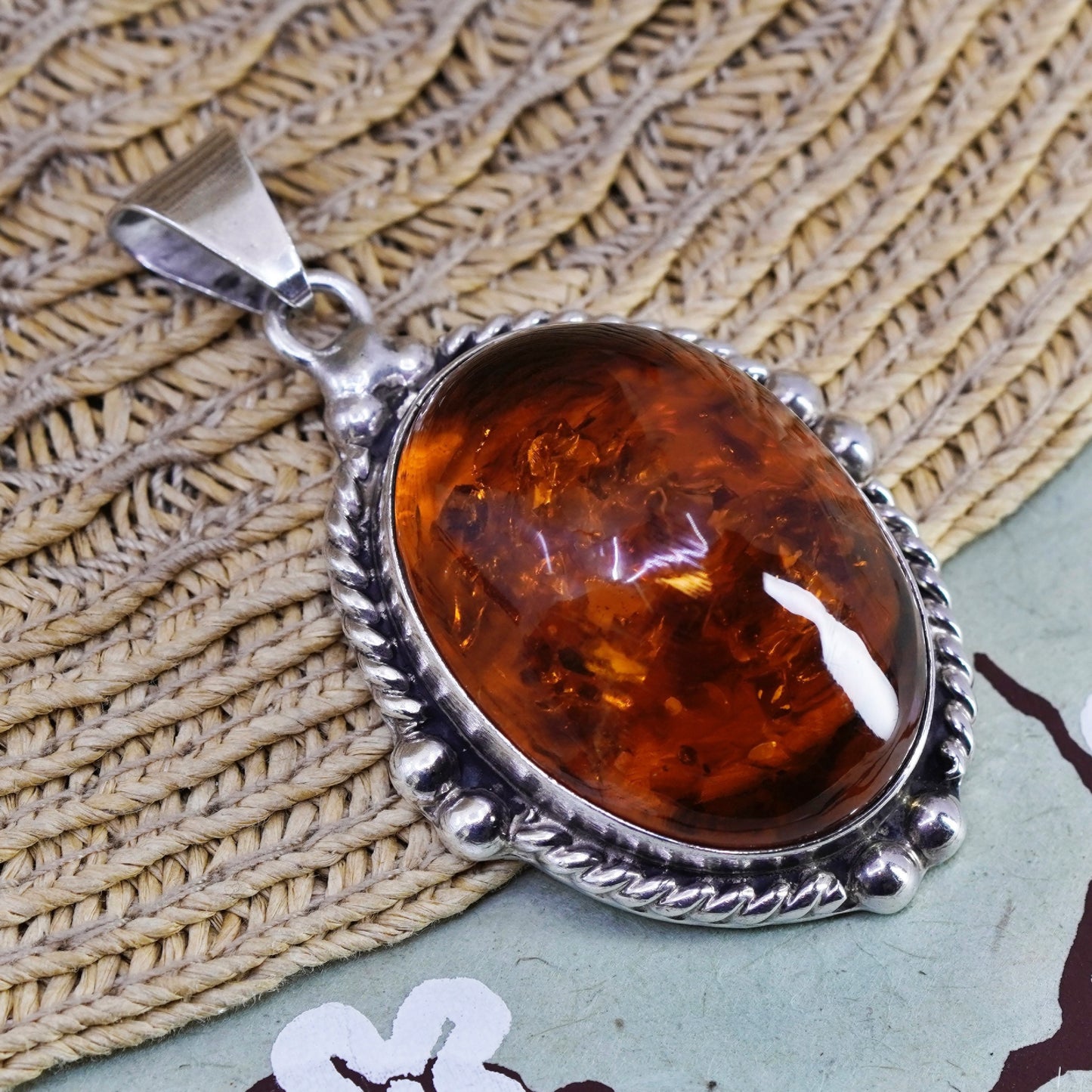 Vintage modern Sterling 925 silver handmade pendant with huge Amber and beads