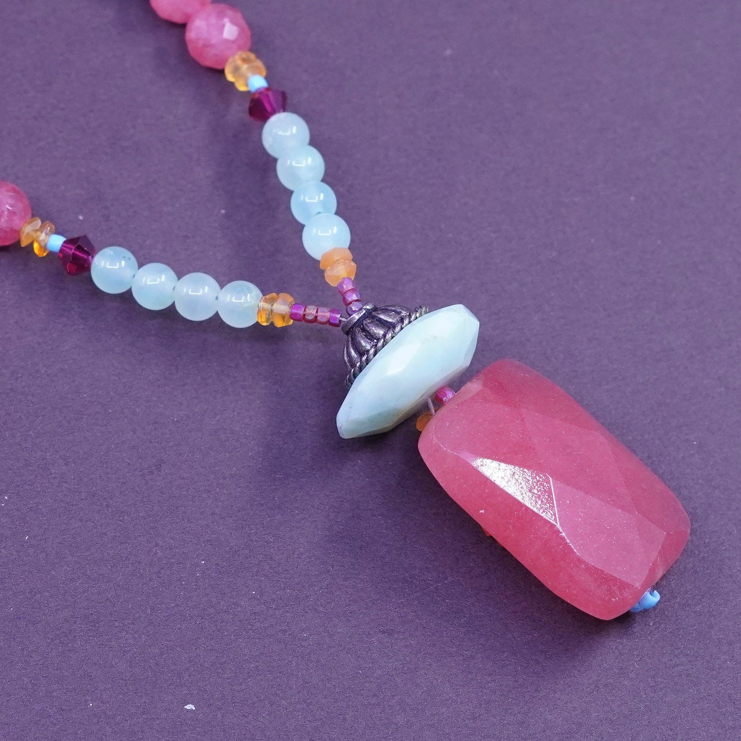 16+1.5” Vintage Sterling silver Handmade necklace w/ pearl rose quartz pendant