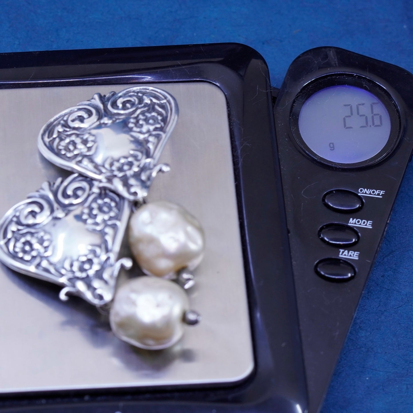 Antique T Foree sterling silver earrings, 925 clip on textured heart pearl