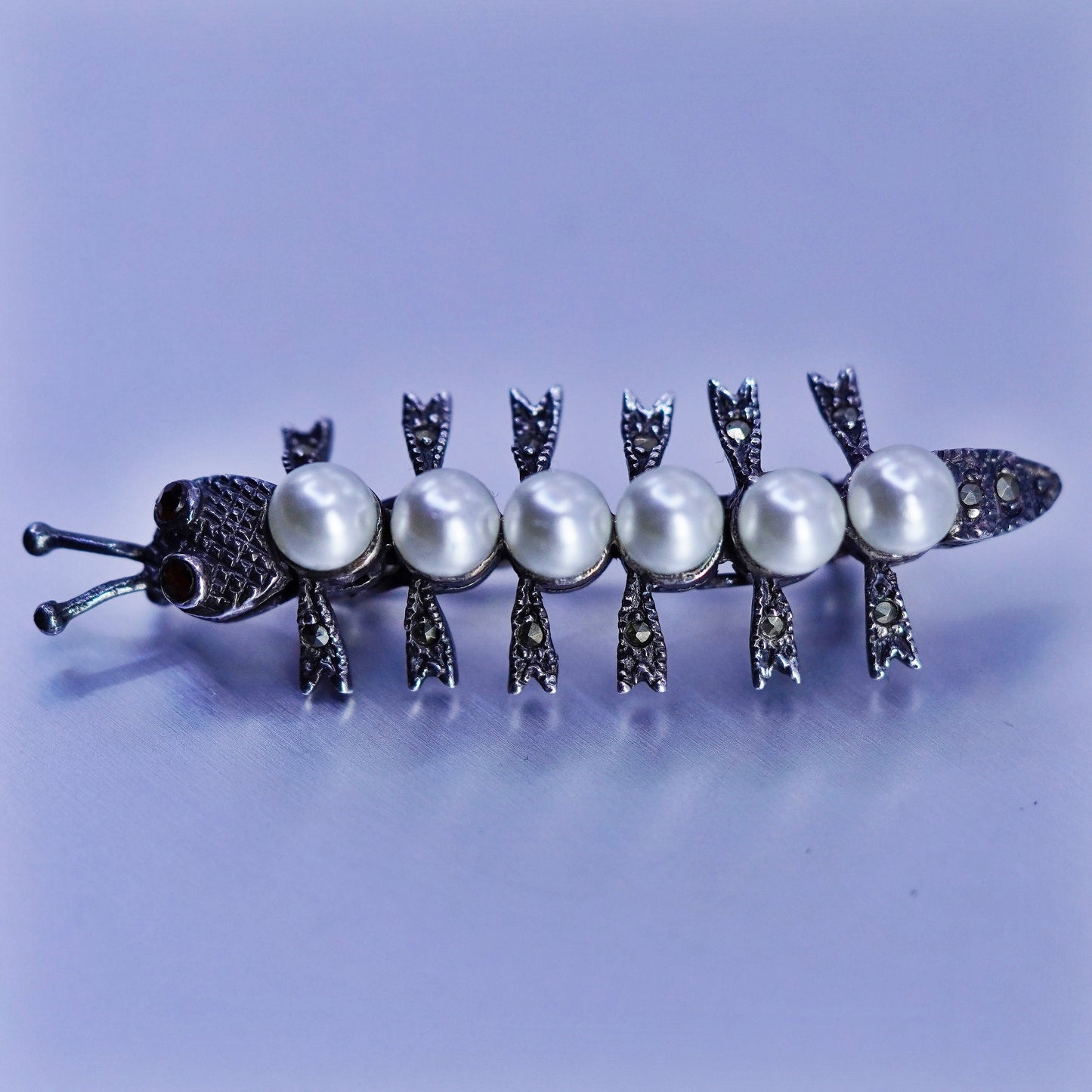 sterling silver handmade brooch, 925 Caterpillar pin with marcasite and pearl