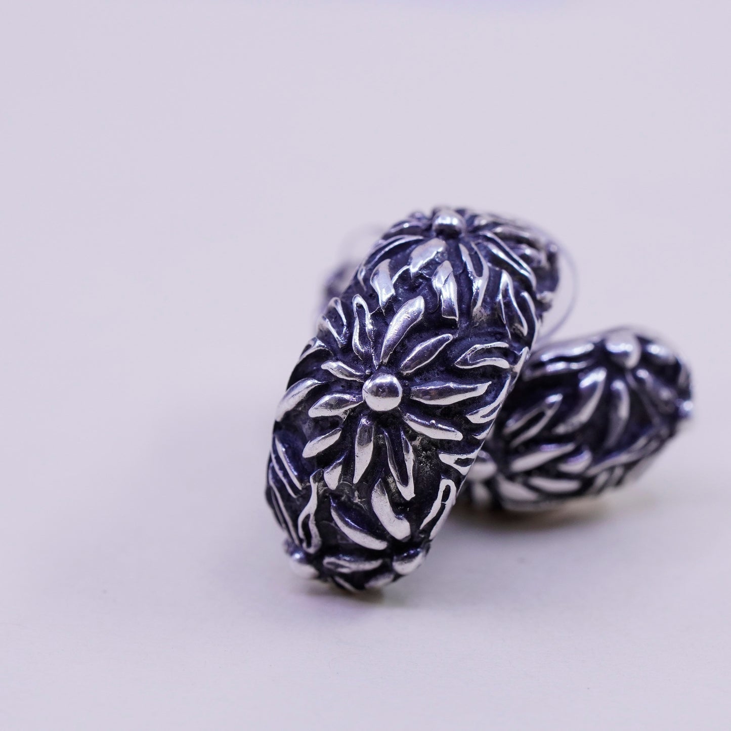 Vintage sterling silver handmade huggie studs, filigree 925 floral earrings