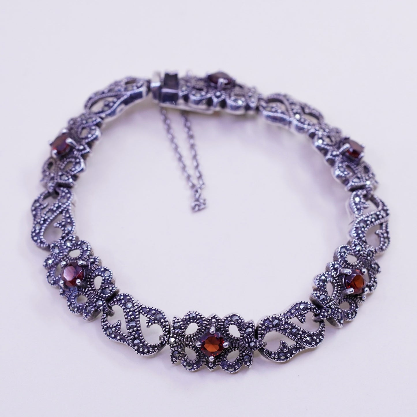 6.75”, Sterling Silver Handmade Bracelet, 925 chain with Marcasite ruby