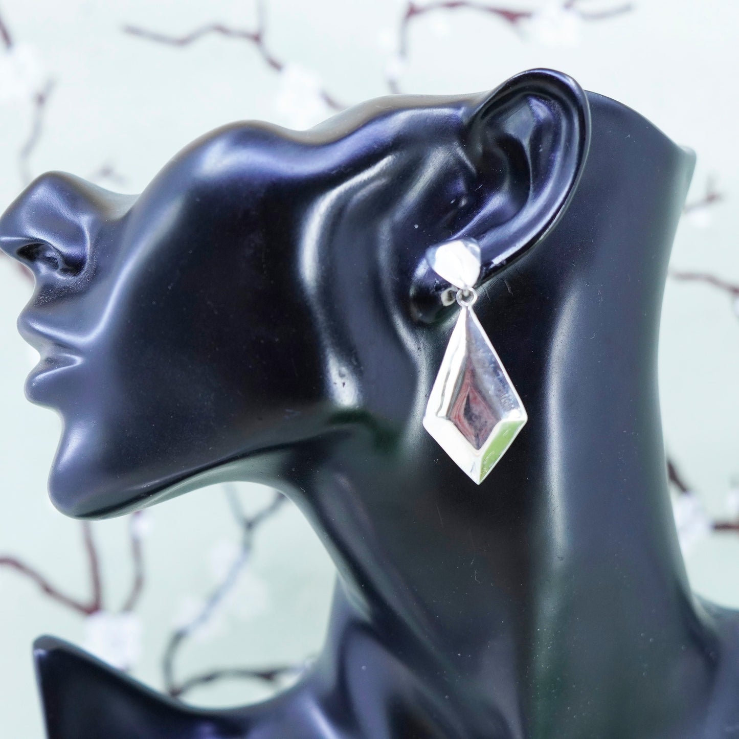 Vintage Sterling 925 silver handmade earrings with diamond shaped drops
