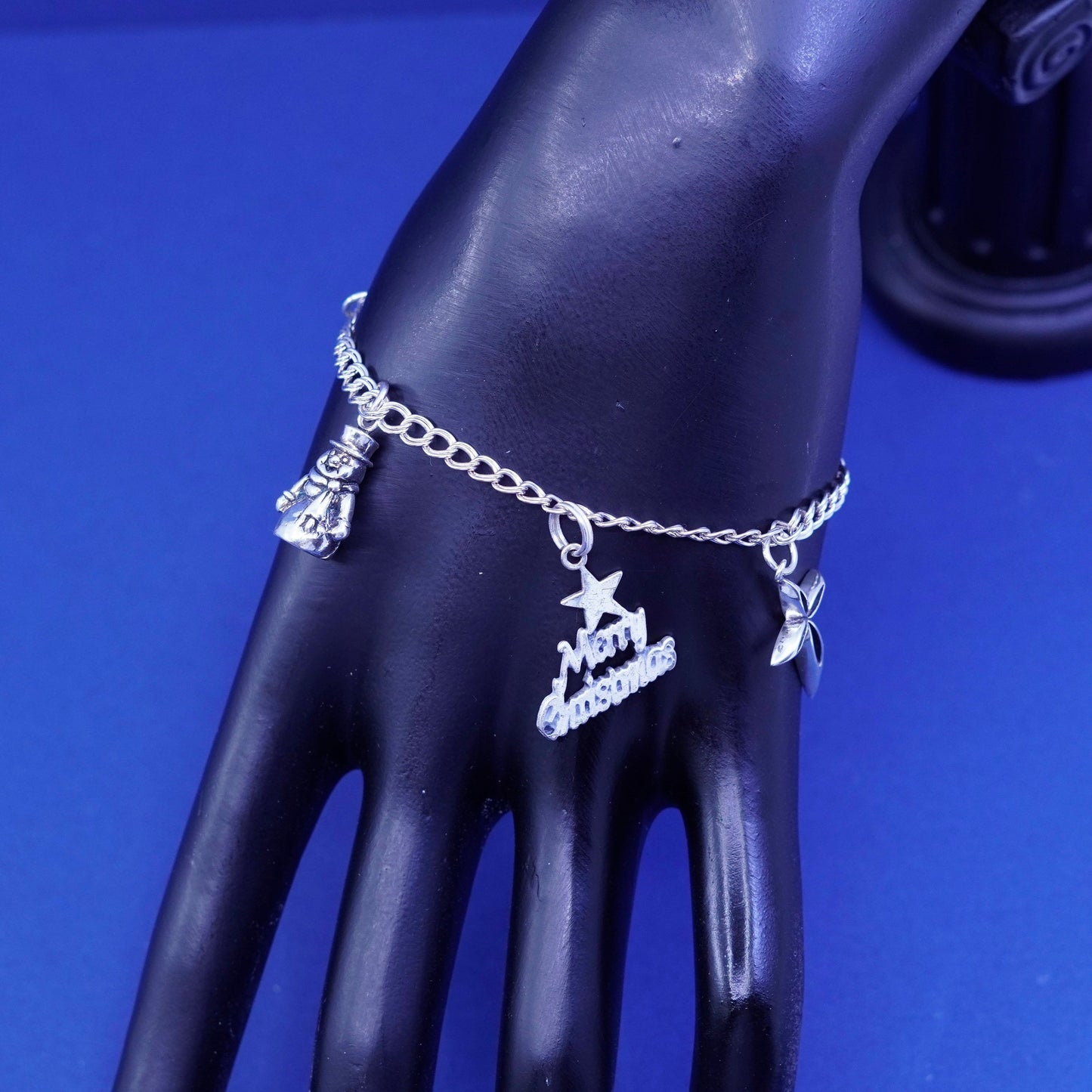 6.75”, vtg Sterling silver bracelet, 925 double curb chain snowman bible cross