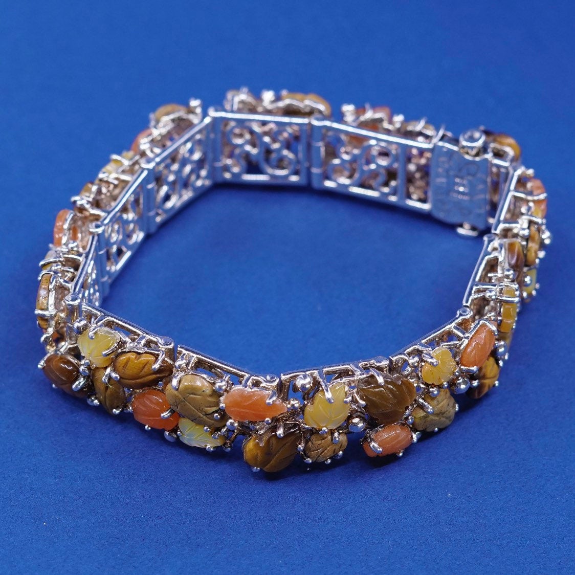 7” WK Whitney Kelly 925 Sterling Silver tennis Bracelet w/ tiger’s eye N leaf