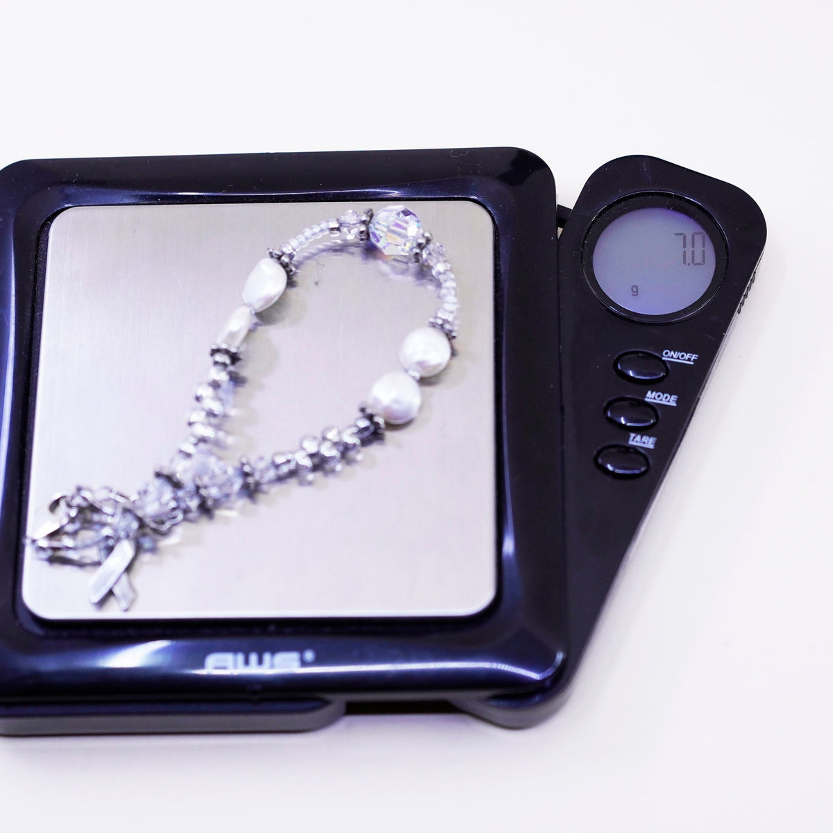 7”, Sterling silver bracelet, 925 pearl beads breast cancer cure ribbon charm