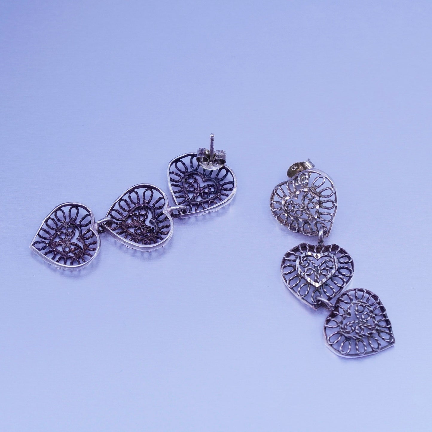 Vintage Sterling 925 silver handmade filigree heart earrings