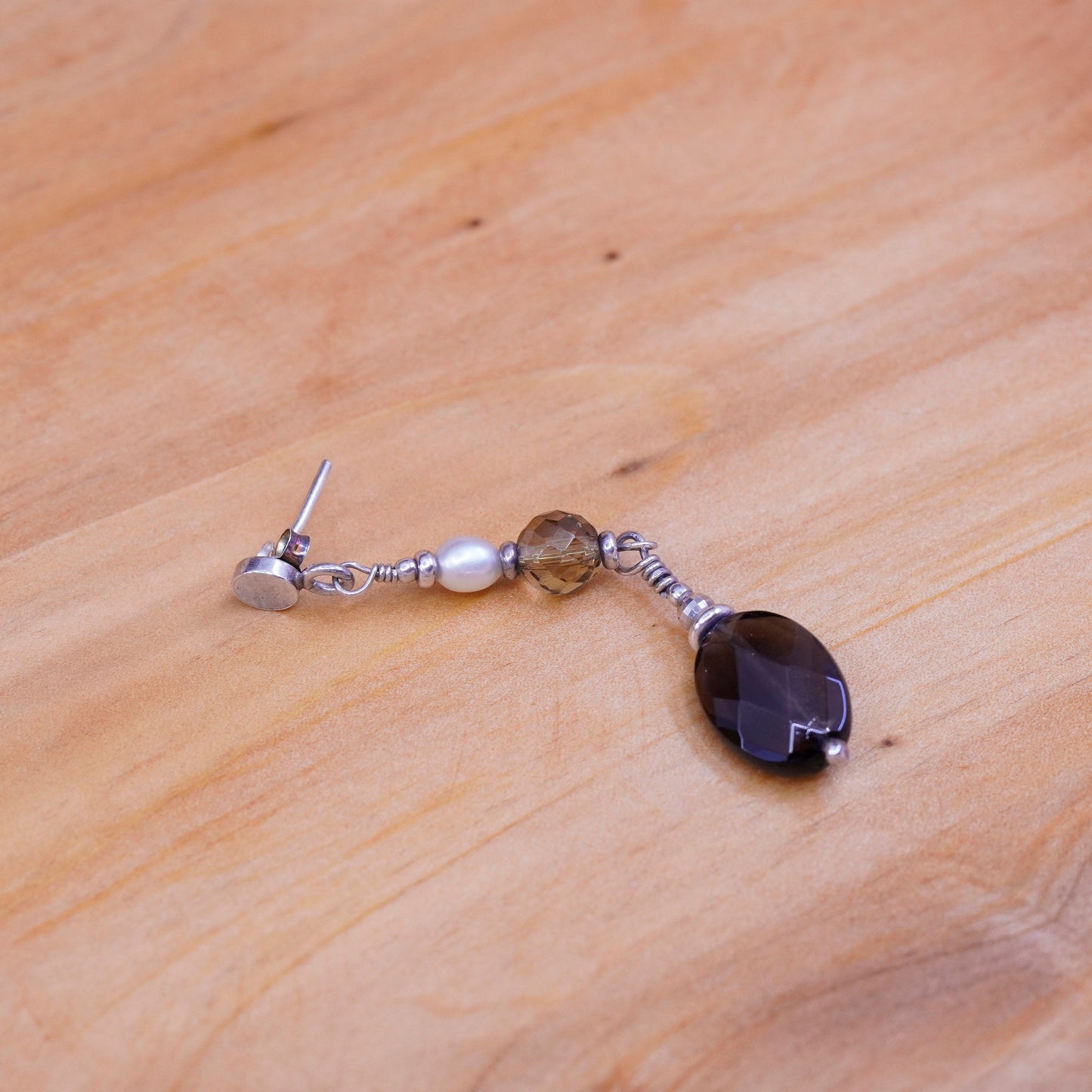 Vintage Sterling 925 silver handmade earrings with oval smoky topaz and pearl
