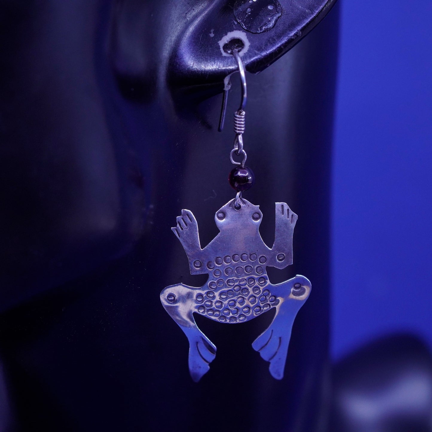 Vintage boma sterling 925 silver handmade frog earrings with garnet