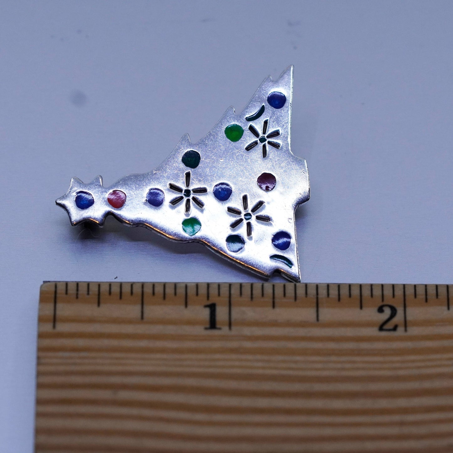 Mexico sterling silver handmade brooch, 925 Christmas tree with colorful dots