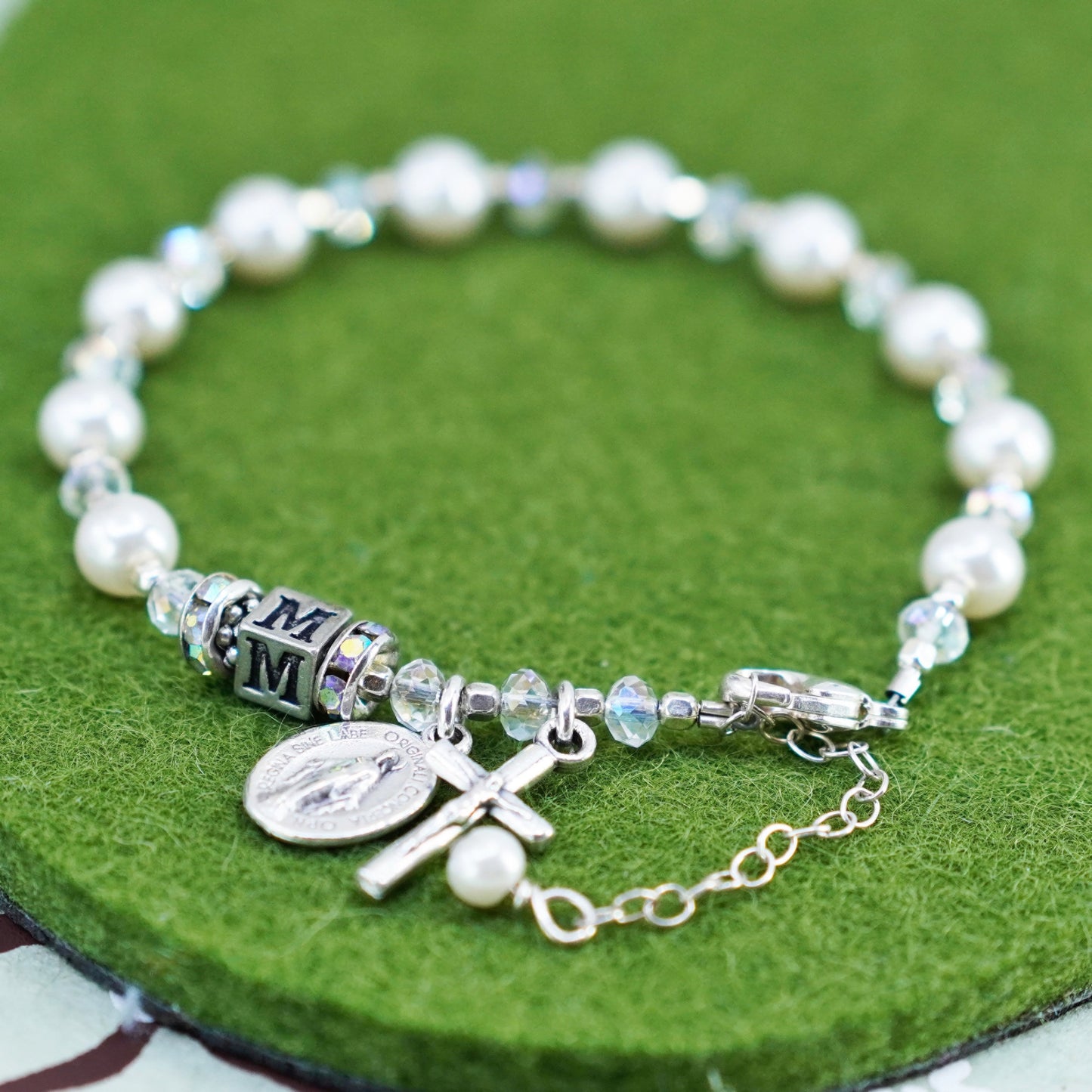 6.75”, handmade bracelet, freshwater pearl with 925 Virgin Mary Jesus charm
