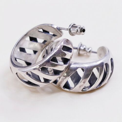 1”, Vtg 925 Mexico Sterling Silver Handmade Hoop Earrings W/ Crossed Texture