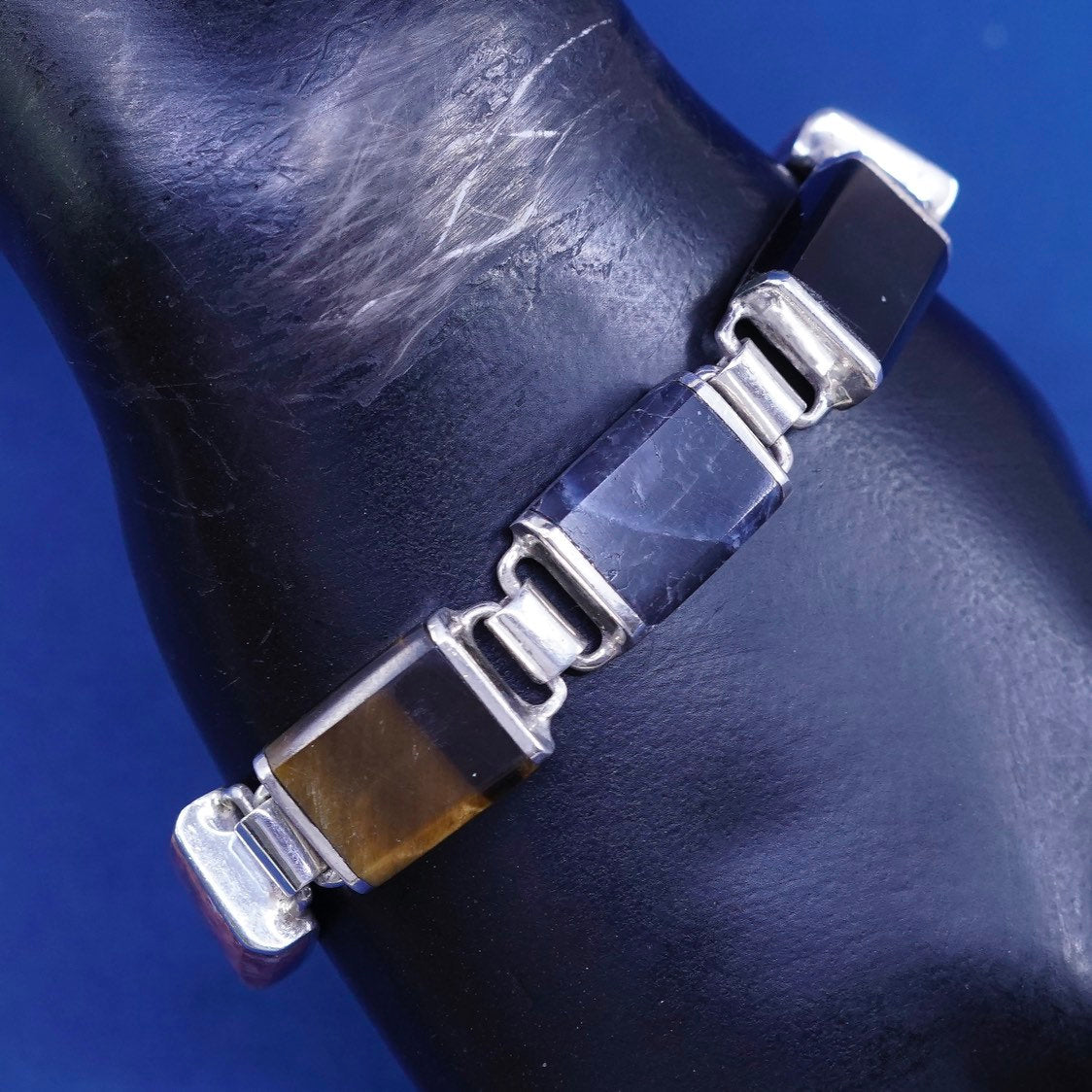7", Sterling silver handmade bracelet, 925 round w/ obsidian jasper tiger eye