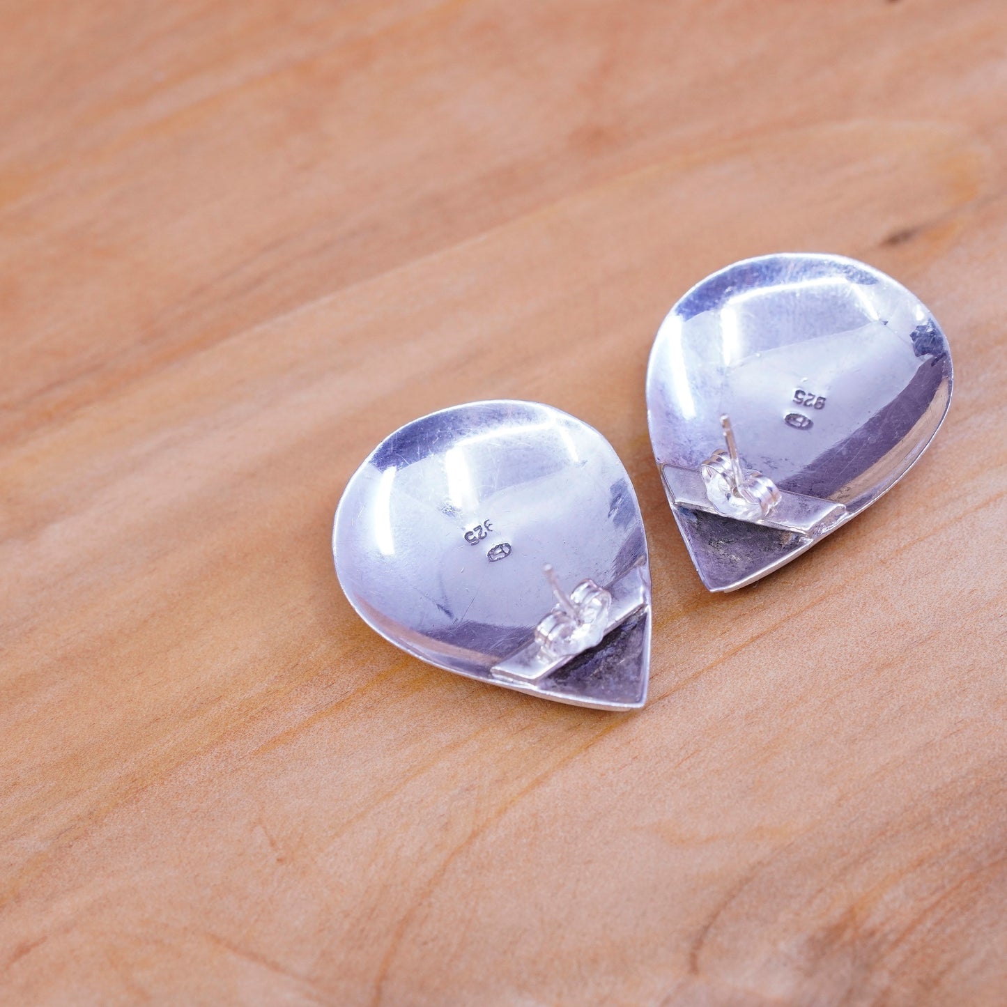 Sterling silver handmade earrings, Mexico 925 teardrop studs with lapis lazuli