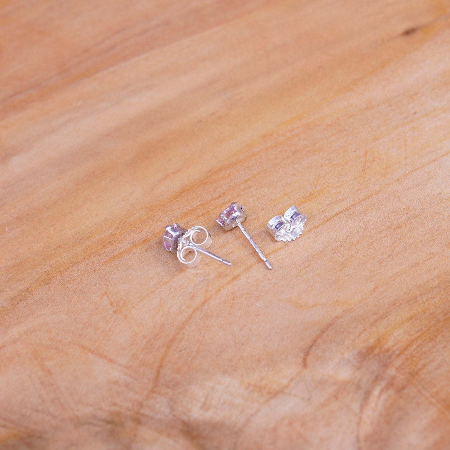 Vintage Sterling silver handmade earrings, 925 heart studs with pink cz