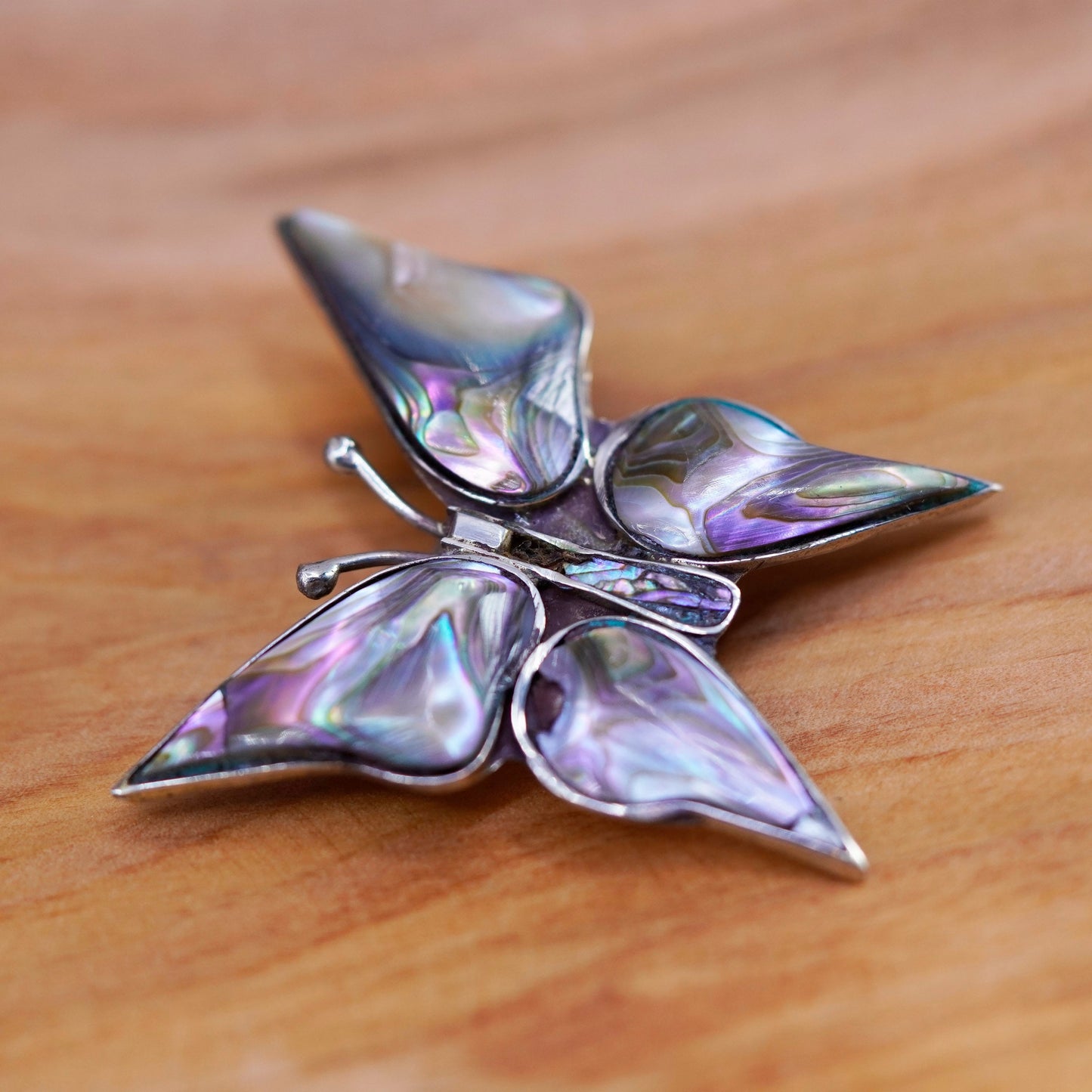 Vintage antique Mexico alpaca silver butterfly brooch with abalone inlay
