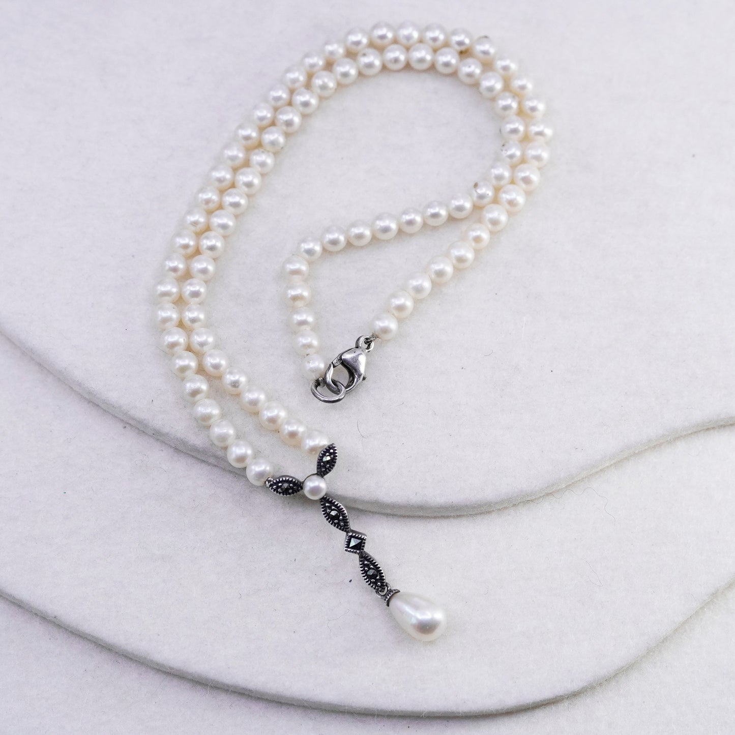 16”, Judith Jack Sterling 925 silver pearl chain tennis necklace Marcasite