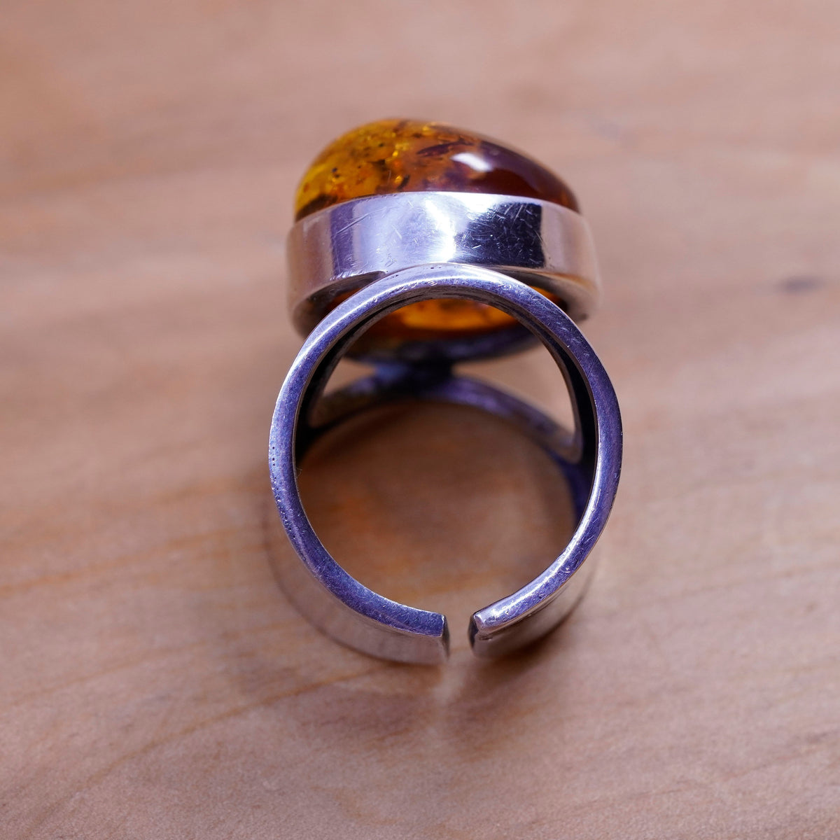 Size 8.5, vintage Sterling 925 silver handmade modern statement ring with amber
