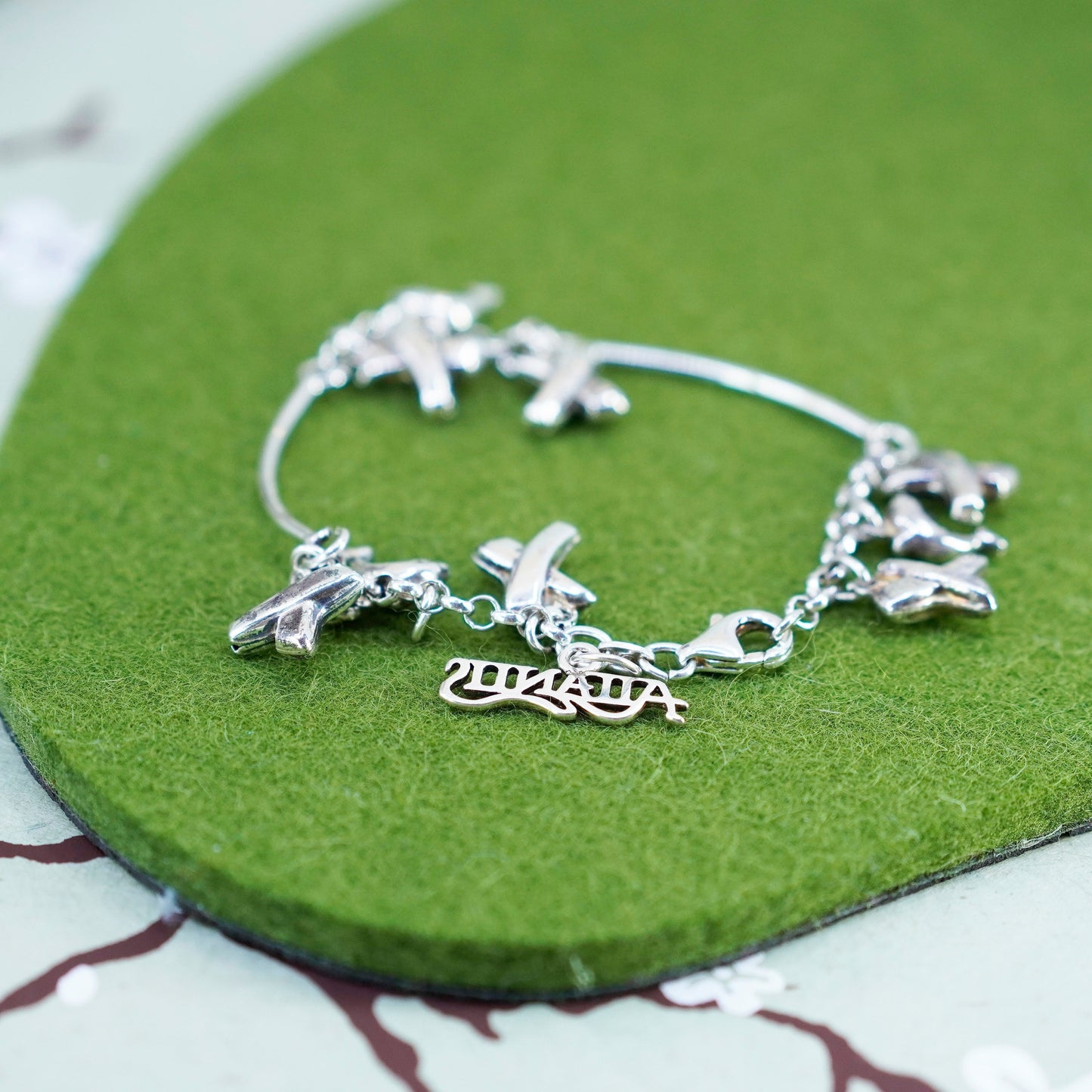 6.75”, vtg sterling silver bar chain, 925 bracelet with cross dolphin charms