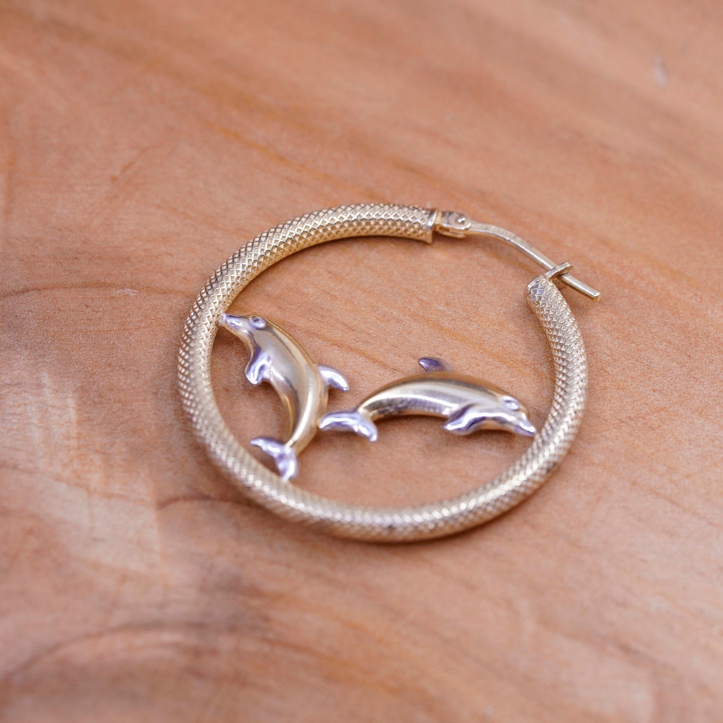 1.25”, Vintage Jordan vermeil gold Sterling silver earrings, 925 hoops dolphins