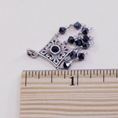 Vtg Handmade Sterling Silver Pendant, 925 Filigree Cross W/ Obsidian N Fringe