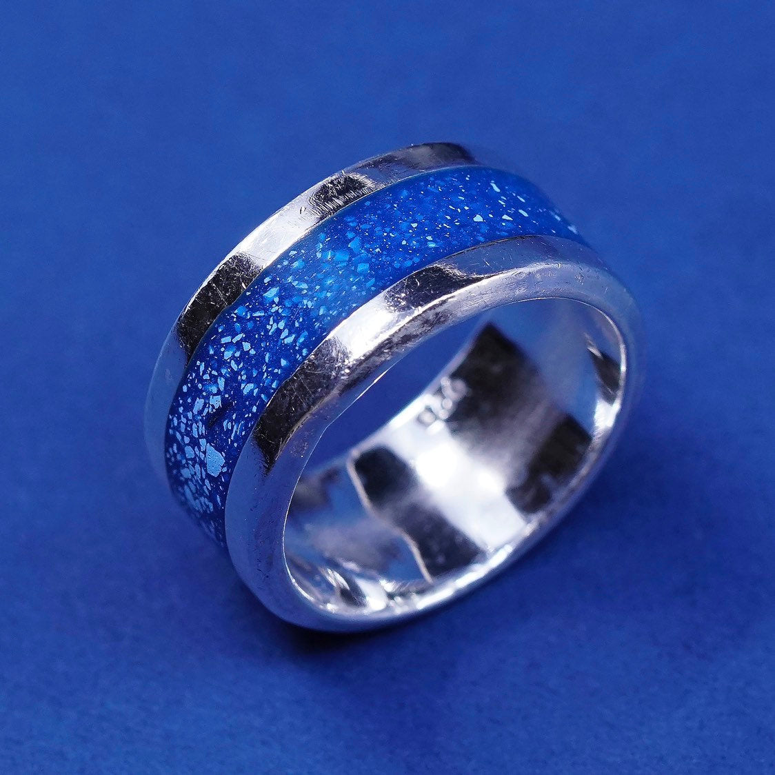 sz 9, vtg sterling silver handmade ring, 925 band w/ Lapis lazuli