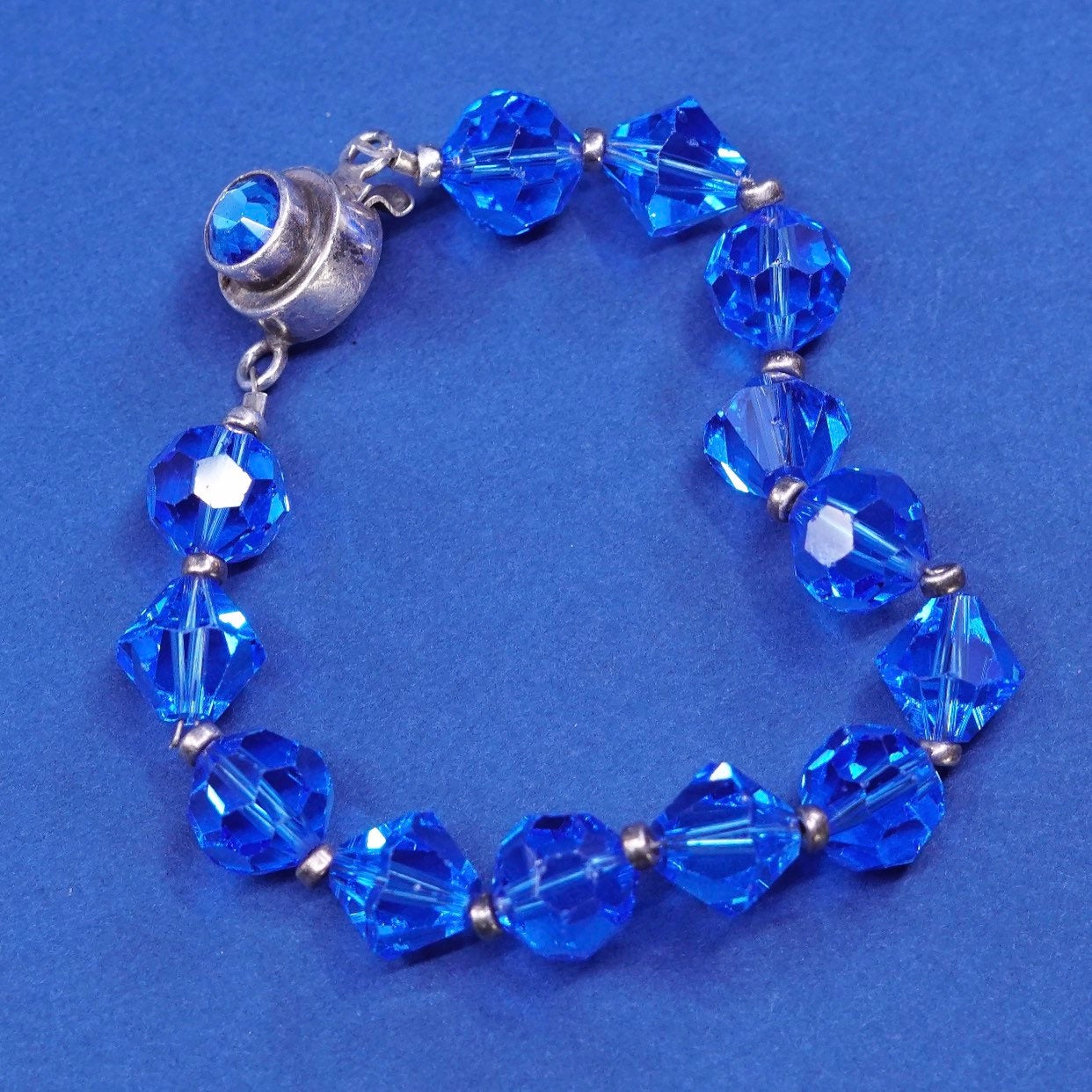 6”, vtg sterling silver handmade bracelet, 925 w/ blue crystal beads