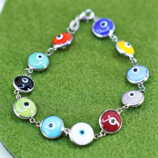 6.75”, vintage handmade sterling silver bracelet, colorful glass evil eye beads