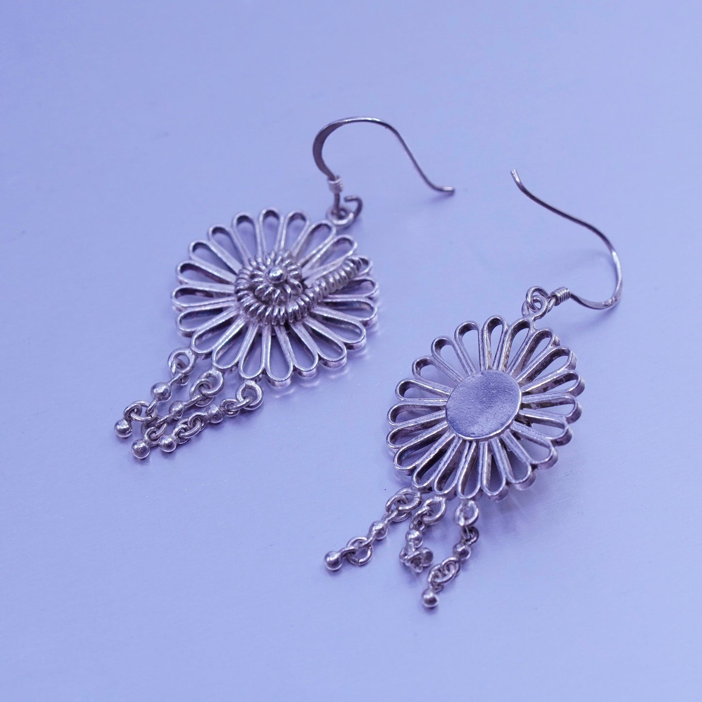 Vintage Sterling 925 silver handmade filigree flower earrings, stamped 925