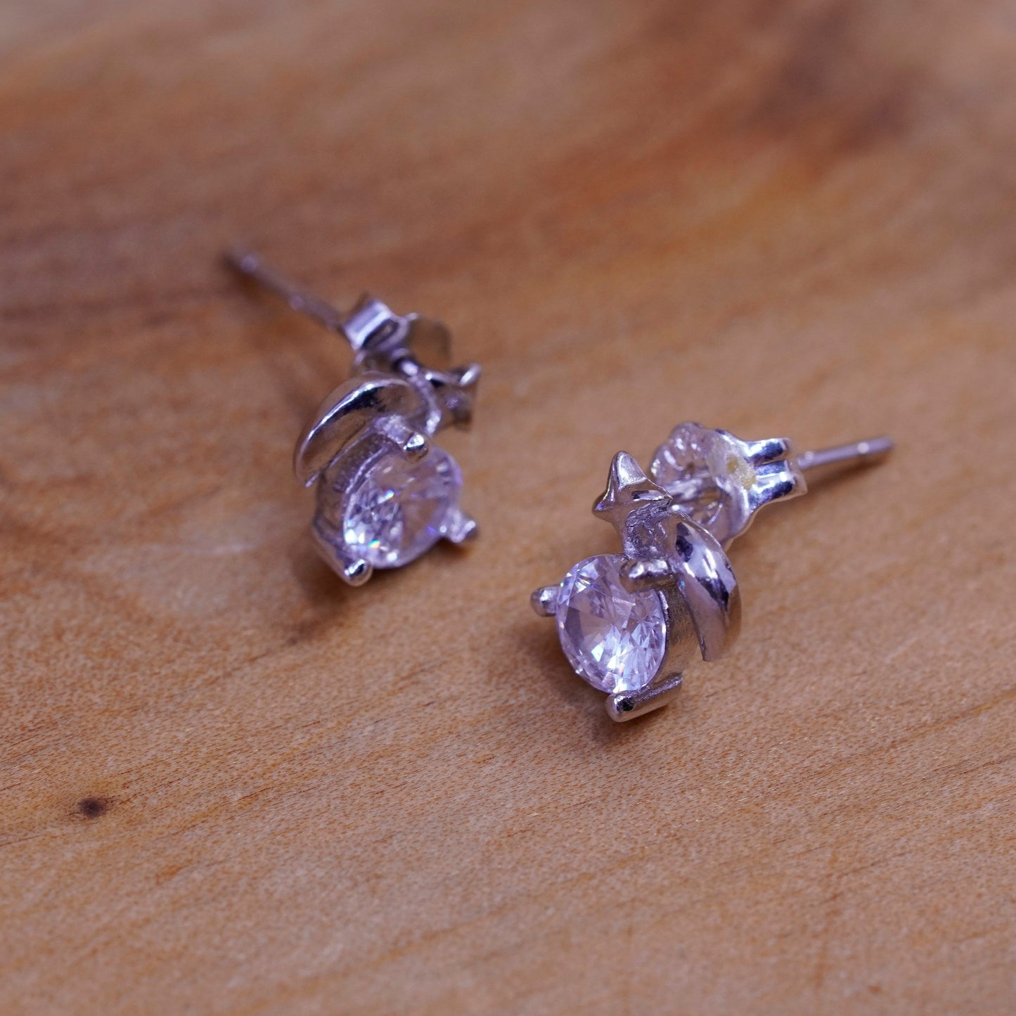Vintage Sterling silver round crystal studs, cz moon star earrings